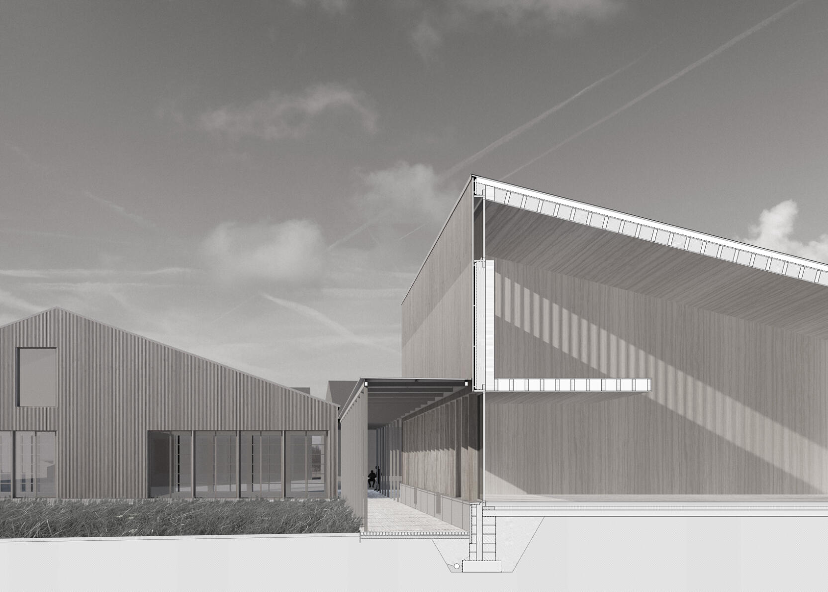 Rendu 3D avec détail constructif pour assurer une bonne mise en œuvre du projet lors du chantier. Construction rurale contemporaine en bardage bois avec jeux de lumière.