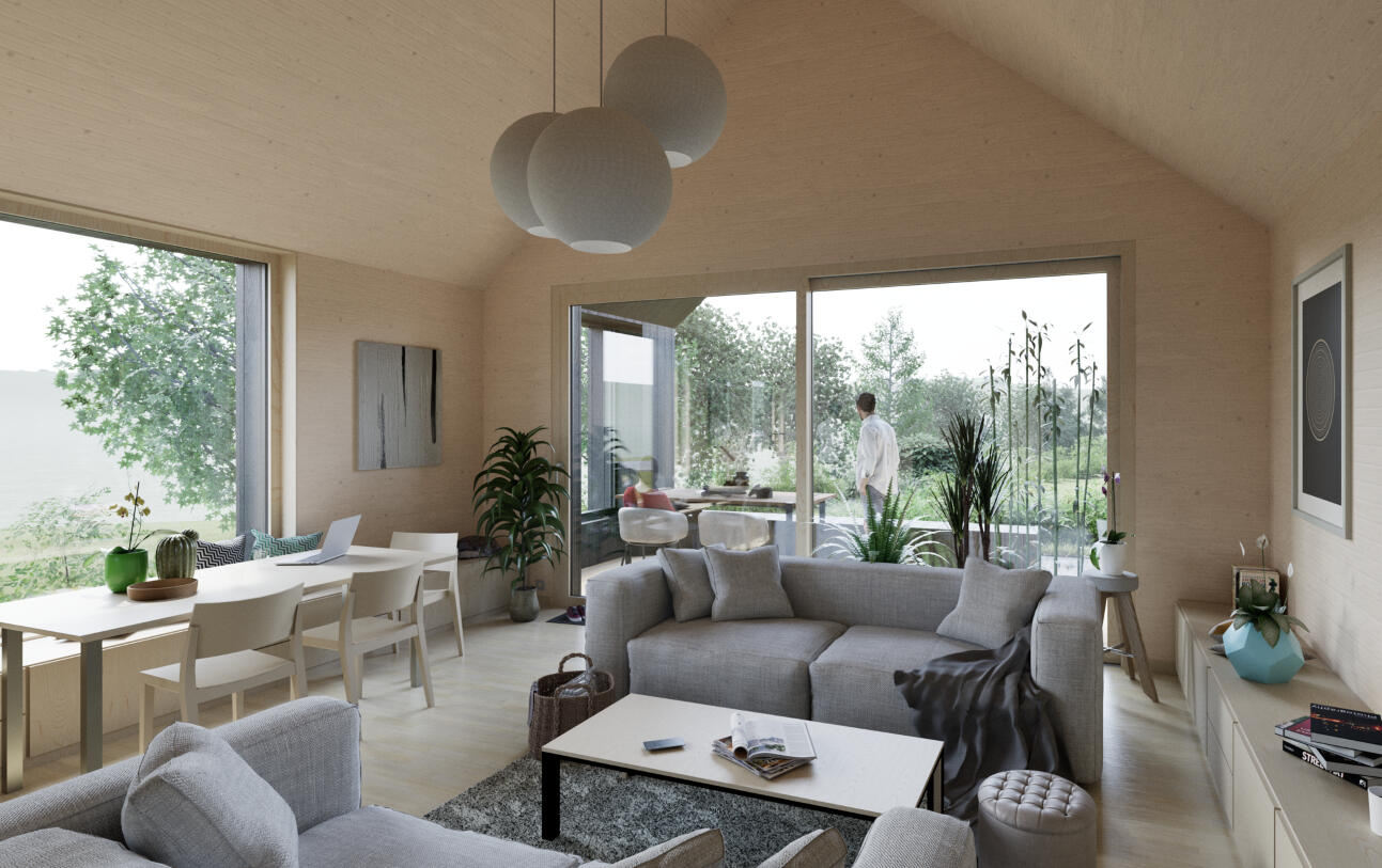 Espace intérieur moderne dans un volume traditionnel. Vue toute hauteur sur la toiture à 2 versants (plafond cathédrale). Aménagement et design intérieur. Espace compact et fonctionnel, avec une belle lumière naturelle.